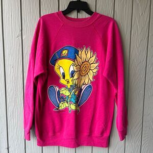 VTG 1995 Looney Tunes Tweety Sunflower Graphic Sweater USA L Sun Sportswear